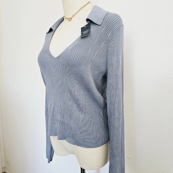 Abercrombie & Fitch Ribbed Collar V Neck Crop Sweater New Tags Blue Extra Large - Picture 4 of 8